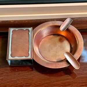 Vintage SilverCrest Bronze & Sterling Overlay Ashtray + Matchbox Holder